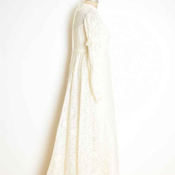 vintage 60s wedding dress cream crochet lace regency juliet gown puff sleeve S - Picture 8 of 11